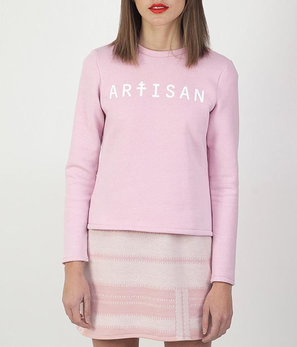 Sweat artisan manches longues rose pastel sérigraphie blanche